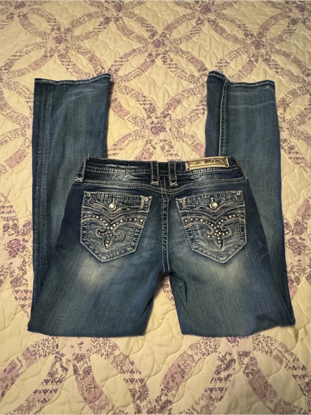 Rock Revival Boot Cut Jeans in Dark Blue Wash with Embellished Pockets